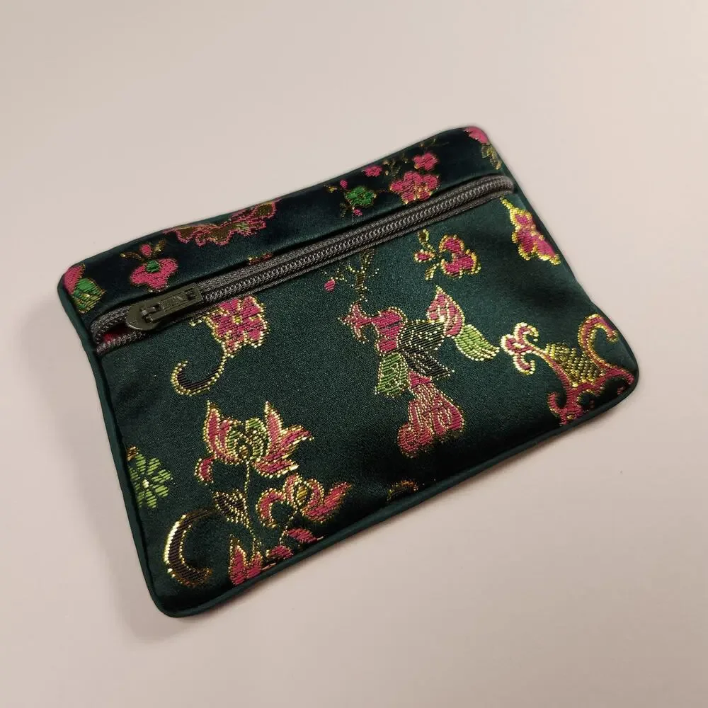 Asian Brocade Silk Coin Purse - Green Floral Zipper Pouch with Red Satin Lining